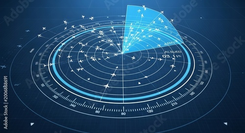 Digital Air Traffic Control Interface Tracking Multiple Airplane Targets on a Blue Futuristic Radar Screen