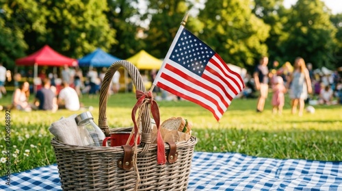 Celebrating flag day picnic with american flags and festive outdoor gathering