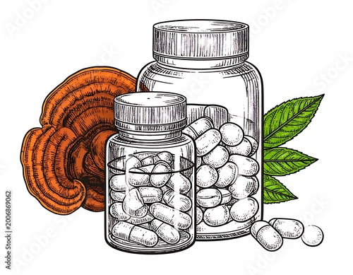 A colorful illustration of two jars of white capsules with a mushroom