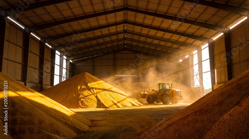 Wheel loader moving bulk fertilizer inside a dusty agricultural storage warehouse