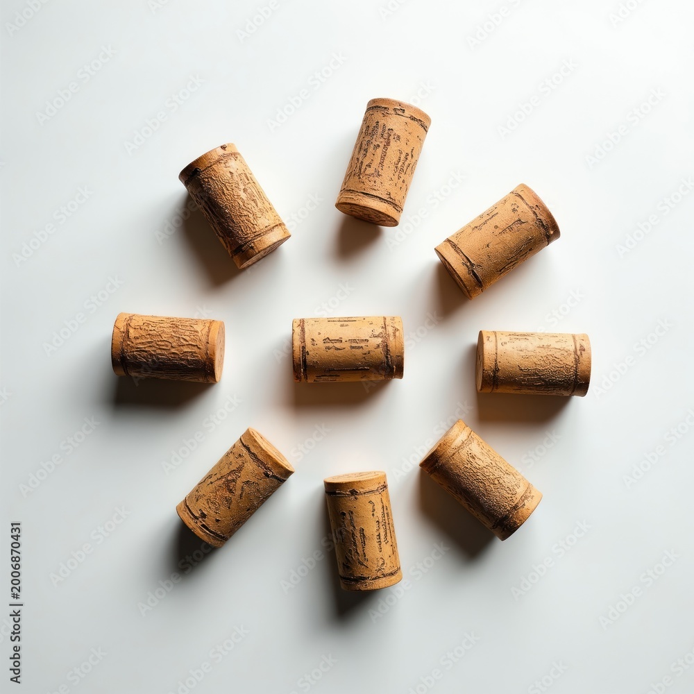 Fototapeta premium Nine wine corks arranged in a circle on a white surface. Natural brown stoppers from wine bottles create a simple, textured composition. Top view flat lay style.