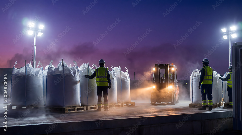 Fototapeta premium Workers handling bulk bags by forklift at industrial site under dramatic night sky