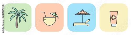 Flat vector icons of summer vacation: palm, coconut cocktail, sunbed, and sunscreen. Illustrations for tourism design