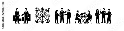 Canvastavla Set of black and white business icons illustrating professional networking, collaboration, teamwork, and partnership