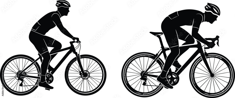 Obraz premium Cyclist silhouettes riding road bicycles in different positions, professional cycling motion isolated on white background for sports and fitness design