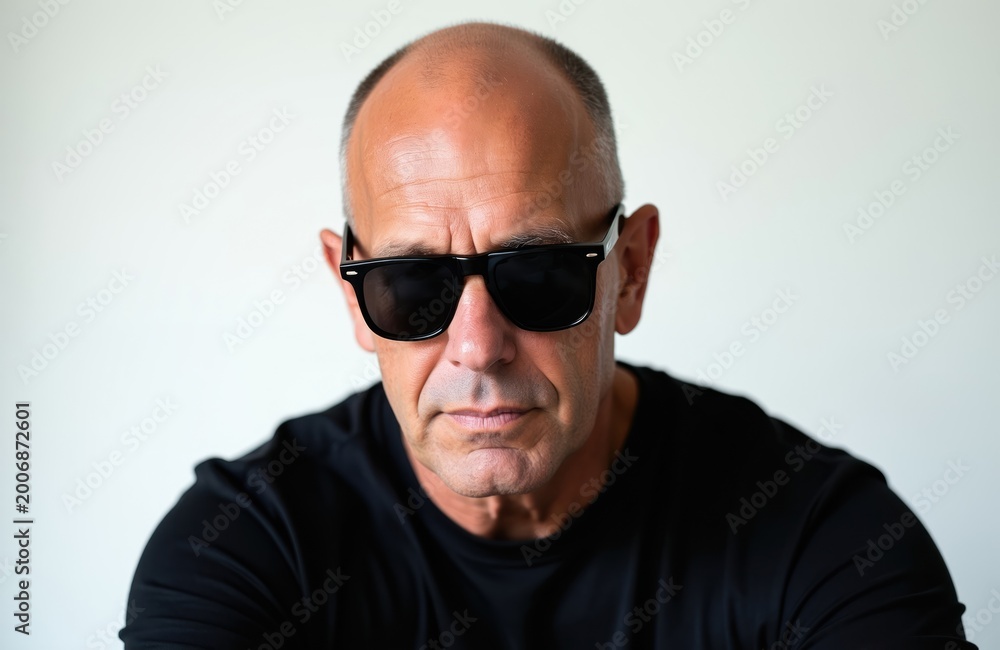 Fototapeta premium Bald man in black t shirt and dark sunglasses. Serious caucasian guy poses on gray background. Mature male model looks directly at camera with calm expression.