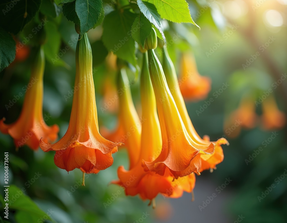 Fototapeta premium Orange angel trumpet flowers hang from a green leafy plant. The trumpet shaped blooms have a vibrant orange color. Gentle sunlight illuminates the garden scene.