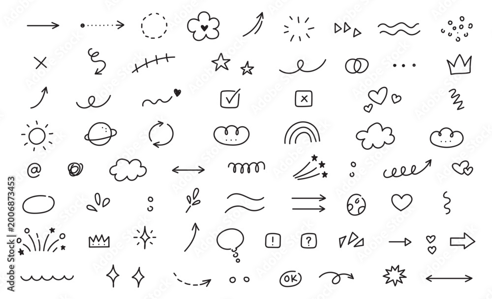 Fototapeta premium Hand drawn doodle elements including arrow, heart, star, swirl, highlight, and sketch underline. decorative design set for infographics, social media