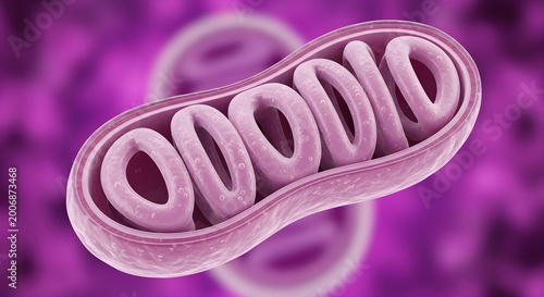 Detailed digital rendering of a single biological mitochondrion showing its internal cristae structure used for cellular energy production within a microscopic laboratory science research environment.