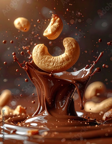 A dynamic scene of cashews interacting with melting chocolate