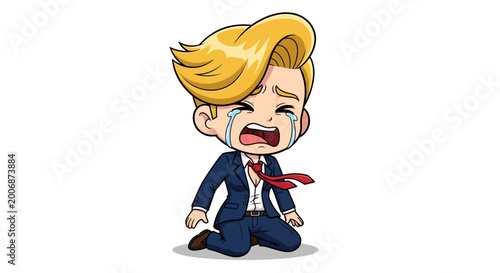 Crying Businessman Character Kneeling in Despair