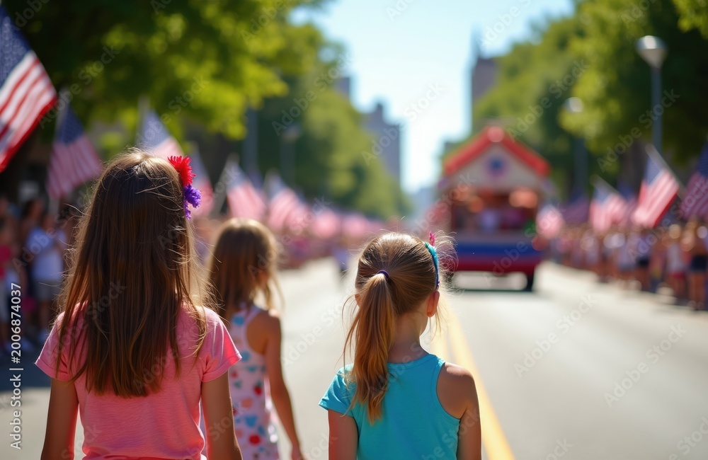 Obraz premium Children watch parade with US flags lining street. People enjoy summer holiday celebration with floats and music. Families celebrate patriotic event, national pride.