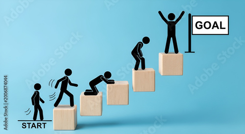 Stick figures climbing wooden blocks to reach a goal flag representing personal business development and professional growth through hard work and continuous steady forward progress