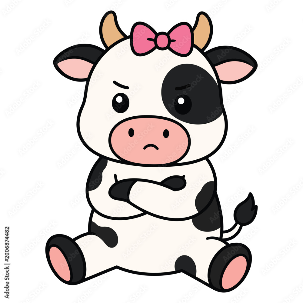 Fototapeta premium Cute cartoon cow character with a pink bow, sitting with arms crossed and looking angry