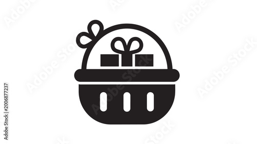 Basket gift with bow and present inside featuring container, decoration, celebration with holiday and wrapping elements for ribbon, black projects,