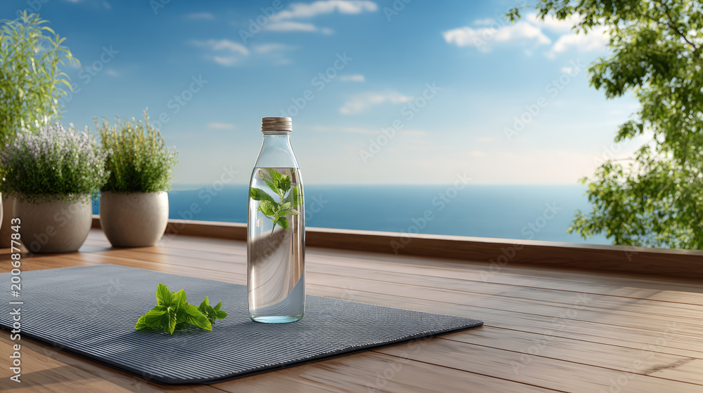 Fototapeta premium Glass of water and a rolled yoga mat on a modern rooftop terrace overlooking a city skyline, promoting wellness, hydration, and a healthy summer lifestyle