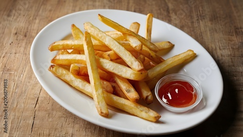 Golden French Fries with Ketchup on White Plate Fast Food Snack on Rustic Wooden Table