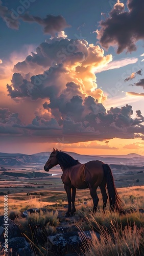 A horse stands alone on a grassy hill at sunset