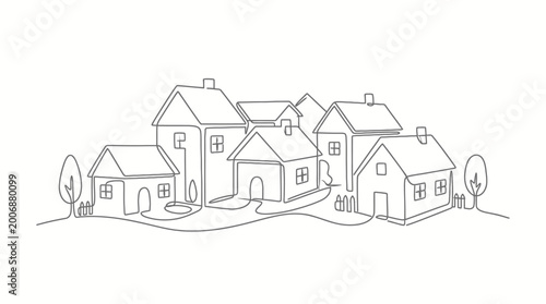 Continuous line drawing of a peaceful village scene with houses and trees, minimalist architecture on an isolated white background.
