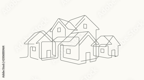Abstract continuous one line art drawing of several houses in a minimalist style on isolated white background