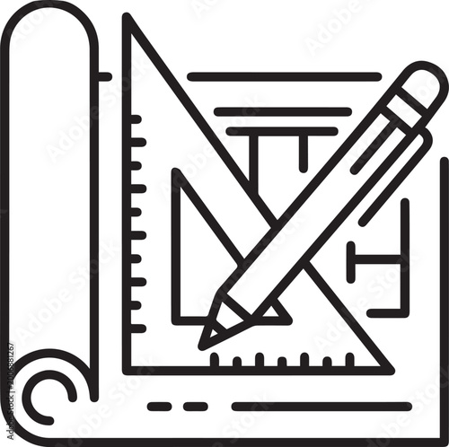 Konstfotografi Architectural blueprint and tools a line art icon representing design and planni