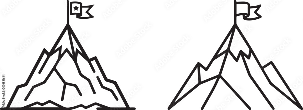 Fototapeta premium Mountain peak with flag icon set two distinct black and white illustrations