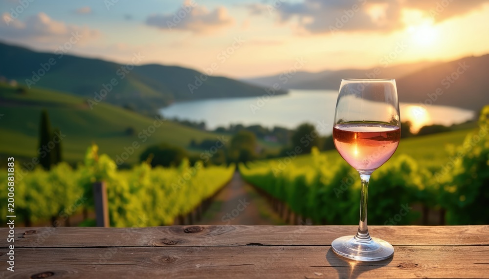 Fototapeta premium Glass of rose wine on wooden table near vineyard and lake during sunset. Beautiful landscape with rolling hills and green fields provides relaxing outdoor scene.