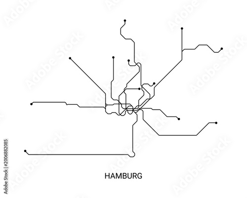 Картината върху платно Black and white vector illustration of an approximate Hamburg metro map, designed as a clean schematic transit diagram