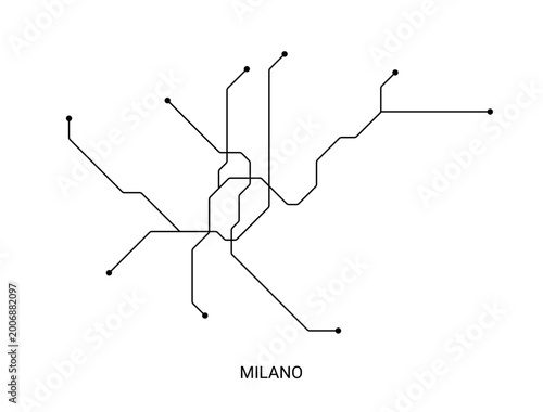Canvas Print Black and white vector illustration of an approximate Milan metro map, designed as a clean schematic transit diagram