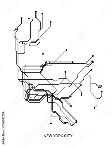 Black and white vector illustration of an approximate New York City metro map, designed as a detailed schematic transit diagram.