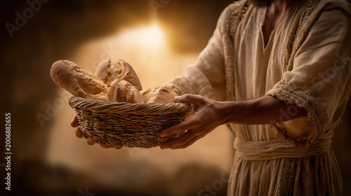 Ancient Biblical Hands Holding Basket with Bread, Miracle of Jesus Christ Concept