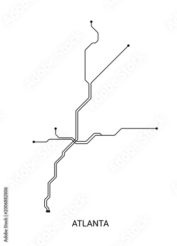 Minimal black and white vector illustration of an approximate Atlanta metro map with clean transit lines and station dots.