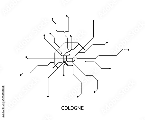 Fotografía Minimal black and white vector illustration of an approximate Cologne metro map with route lines and station points