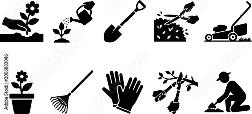 Cuadro en lienzo Black silhouettes of gardening tools and activities on white background