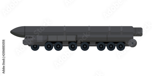 Foto Flat vector illustration of a mobile missile launcher with an intercontinental ballistic rocket, isolated on a white background