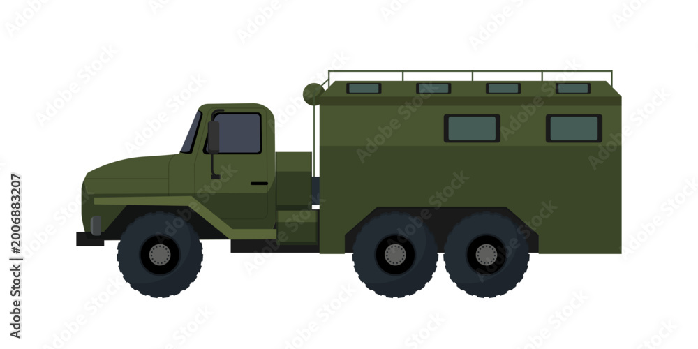 Obraz premium Flat vector illustration of a green military passenger truck with rear compartment, isolated on a white background for transport design.