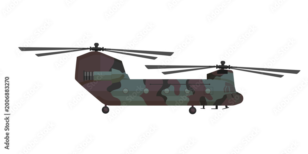 Fototapeta premium Flat vector illustration of a camouflaged tandem rotor military helicopter, isolated on a white background for aviation design.