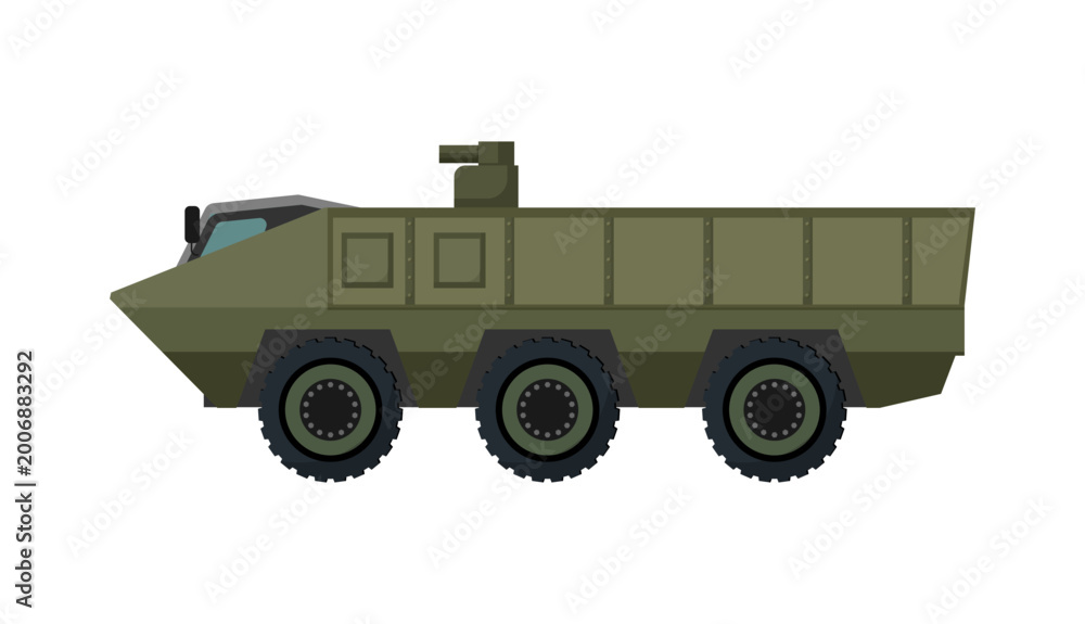 Fototapeta premium Flat vector illustration of a green wheeled military combat vehicle with small turret, isolated on a white background for design use.
