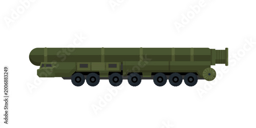 Tableau sur toile Flat vector illustration of a green mobile missile system carrying an intercontinental ballistic missile, isolated on a white background