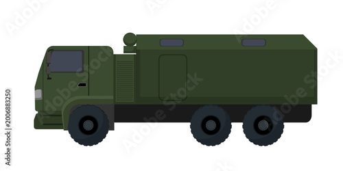 Valokuva Flat vector illustration of a green military utility truck with enclosed rear body, isolated on a white background for transport design
