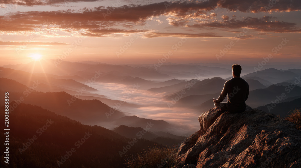 Obraz premium Person sitting in lotus position meditating on a mountaintop, finding inner peace and mindful tranquility overlooking a vast mountain range at golden sunrise with fog