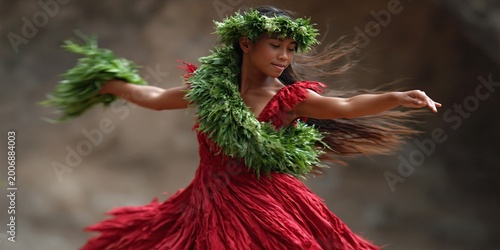Hula dancer - hawaiian woman performs traditional island flow dance with purposeful movements to represent her islander culture and tropical tradition