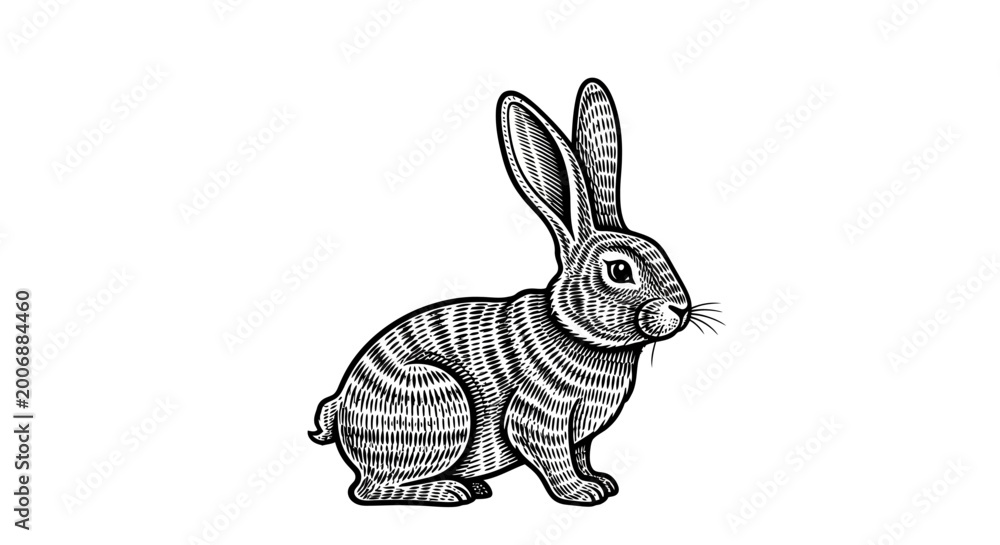 Fototapeta premium Stylized black and white rabbit illustration with textured stripes, a vintage-inspired graphic drawing of a cute bunny isolated on white.