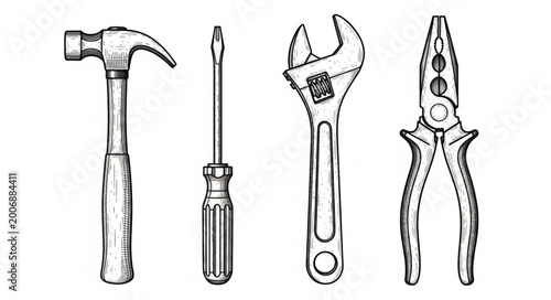 Quadro su tela Collection of Hand Tools Hammer Screwdriver Wrench Pliers.