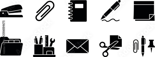 Fotografie Collection of office supplies and stationery icons on white background