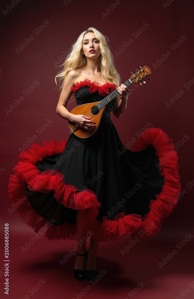 Fototapeta premium Woman in black dress with red ruffles holds mandolin. Blonde plays acoustic instrument studio portrait. Elegant female musician pose, elegant flamenco dress.