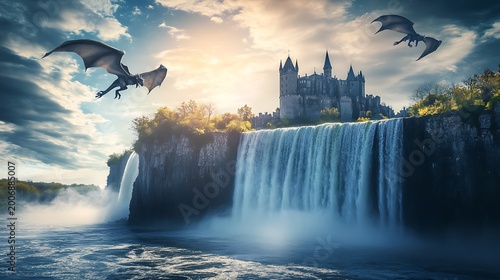 Majestic fantasy landscape dragons soaring above a castle and waterfall
