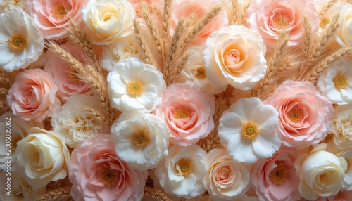 Soft pastel roses and anemones mix with wheat stalks in gentle arrangement. Creamy white pink peach tones create calm elegant floral pattern. Perfect for weddings or decor styling.