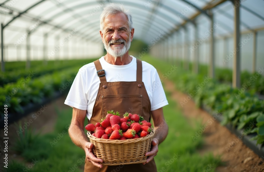 Obraz premium Smiling farmer holds basket full of ripe strawberries. He stands in greenhouse. Man wears brown overalls and white t-shirt. Fresh berries ready for sale.