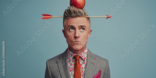 Man with an apple on his head an an arrow - modern william tell